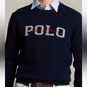 Polo Ralph Lauren Logo Signature Crewneck Cotton Intarsia Knit Sweater, Size L
